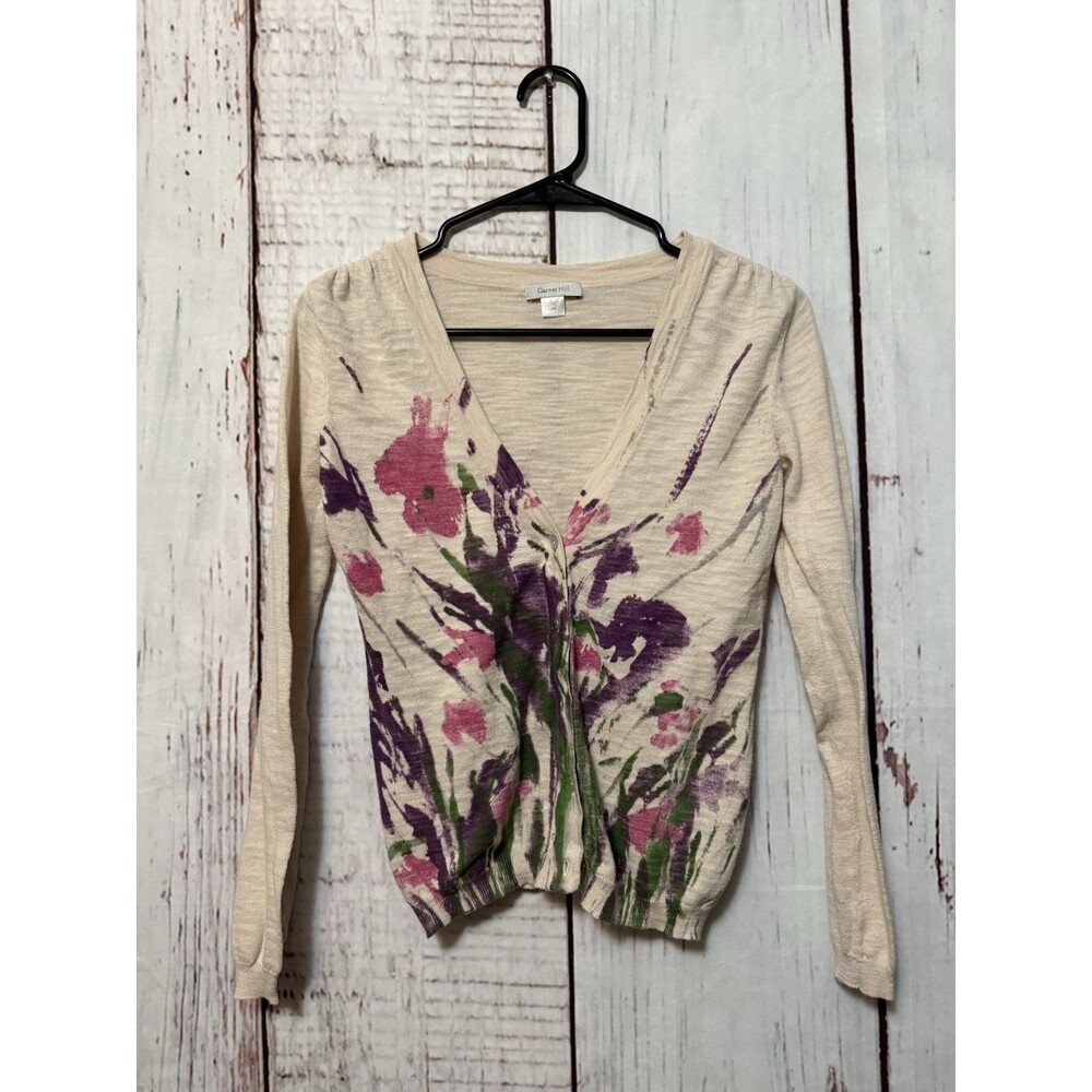 Garnet Hill Floral Abstract Button Up Cardigan Long Sleeve Cotton Knit Size XS